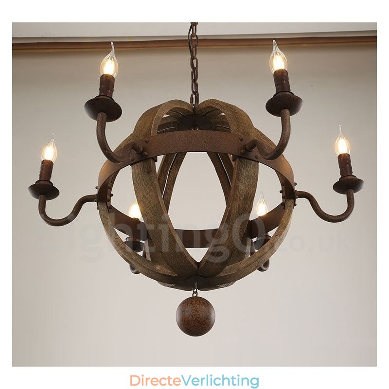 Land Vintage Houten 6 Lichts Kroonluchter Lamp Licht