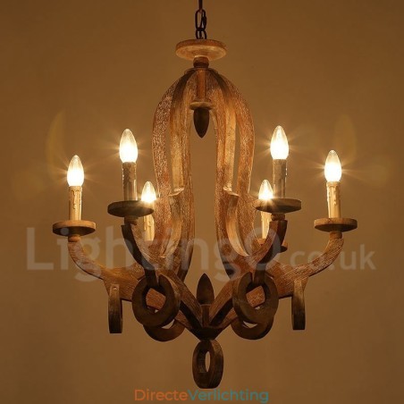 Landelijke houten vintage 6-lichts kroonluchter met enkele laag, houten lamp Landelijke houten vintage 6-lichts kroonluchter met enkele laag, houten lamp