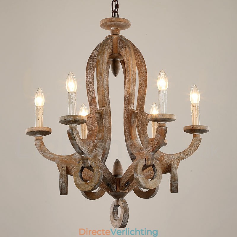 Landelijke houten vintage 6-lichts kroonluchter met enkele laag, houten lamp