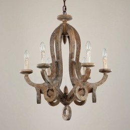 Landelijke houten vintage 6-lichts kroonluchter met enkele laag, houten lamp