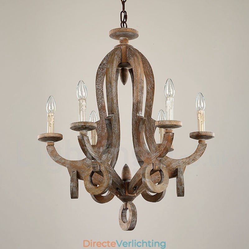 Landelijke houten vintage 6-lichts kroonluchter met enkele laag, houten lamp