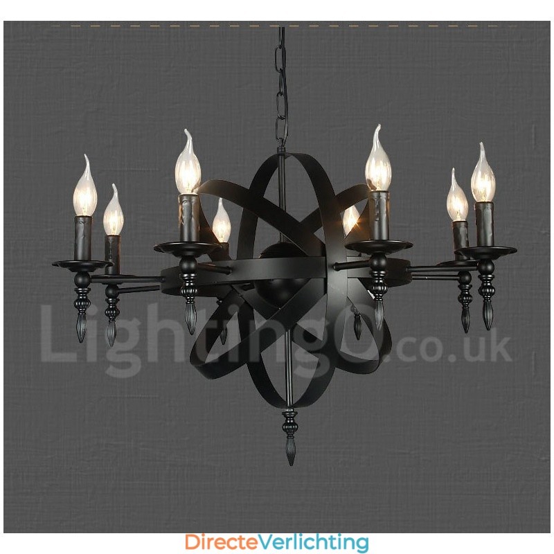 Zwarte retro vintage metalen kroonluchter met 8 lampen en één laag