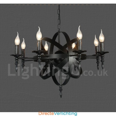 Zwarte retro vintage metalen kroonluchter met 8 lampen en één laag Zwarte retro vintage metalen kroonluchter met 8 lampen en één laag