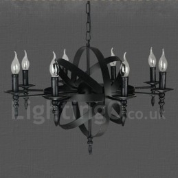 Zwarte retro vintage metalen kroonluchter met 8 lampen en één laag