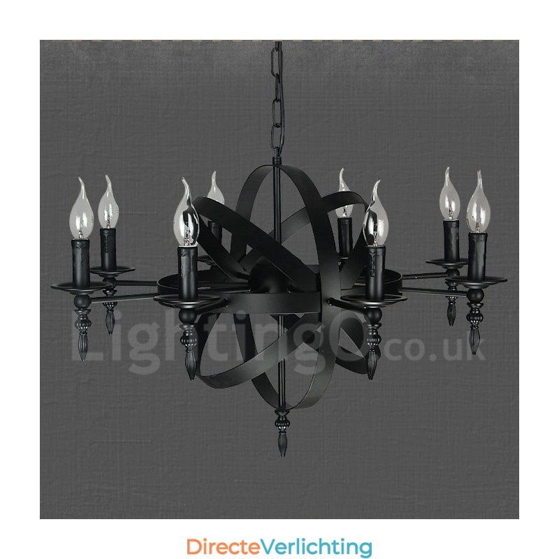 Zwarte retro vintage metalen kroonluchter met 8 lampen en één laag