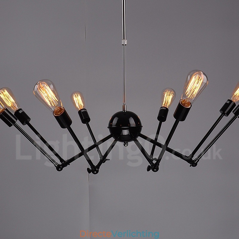 Zwarte retro vintage metalen kroonluchter met 8 lampen en één laag