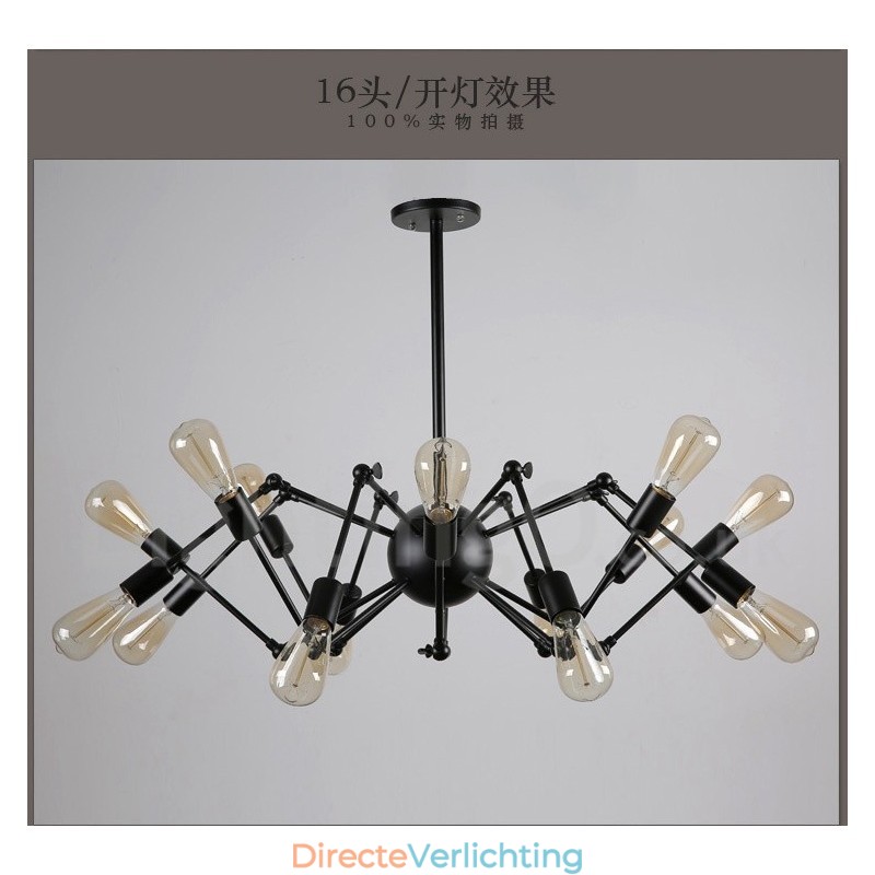Zwarte retro vintage metalen kroonluchter met 8 lampen en één laag