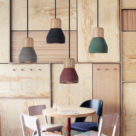 Enkelvoudige moderne, eigentijdse, veelkleurige hanglamp van hout en beton Enkelvoudige moderne, eigentijdse, veelkleurige hanglamp van hout en beton