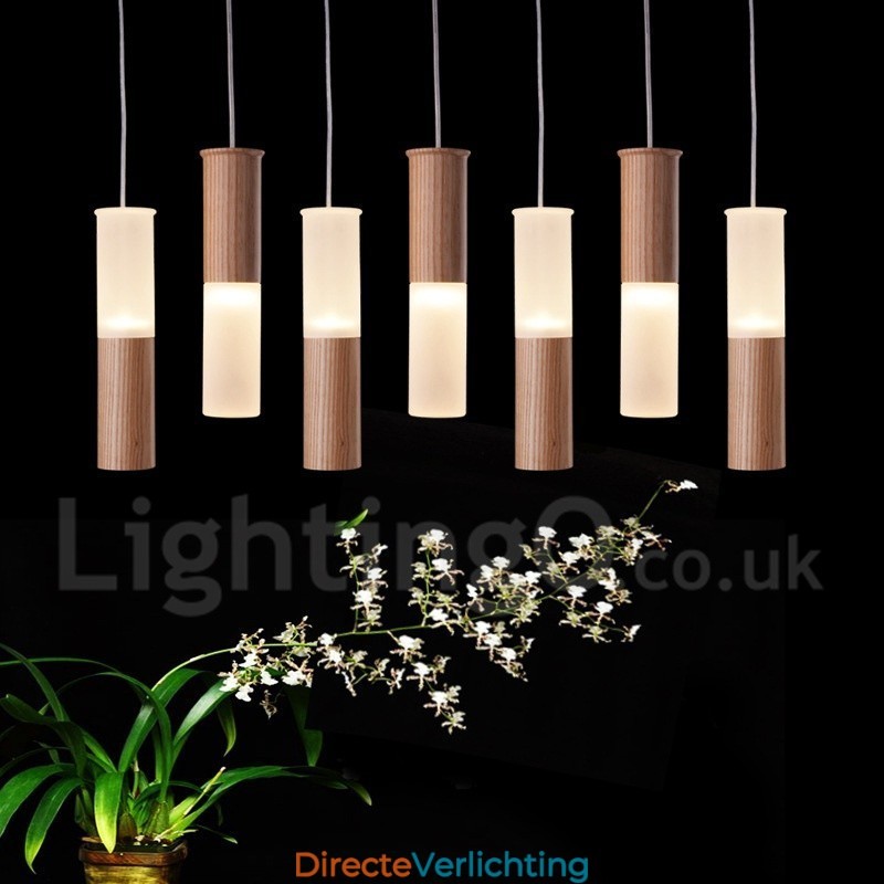 Moderne, eigentijdse 7-lichts houten hanglamp