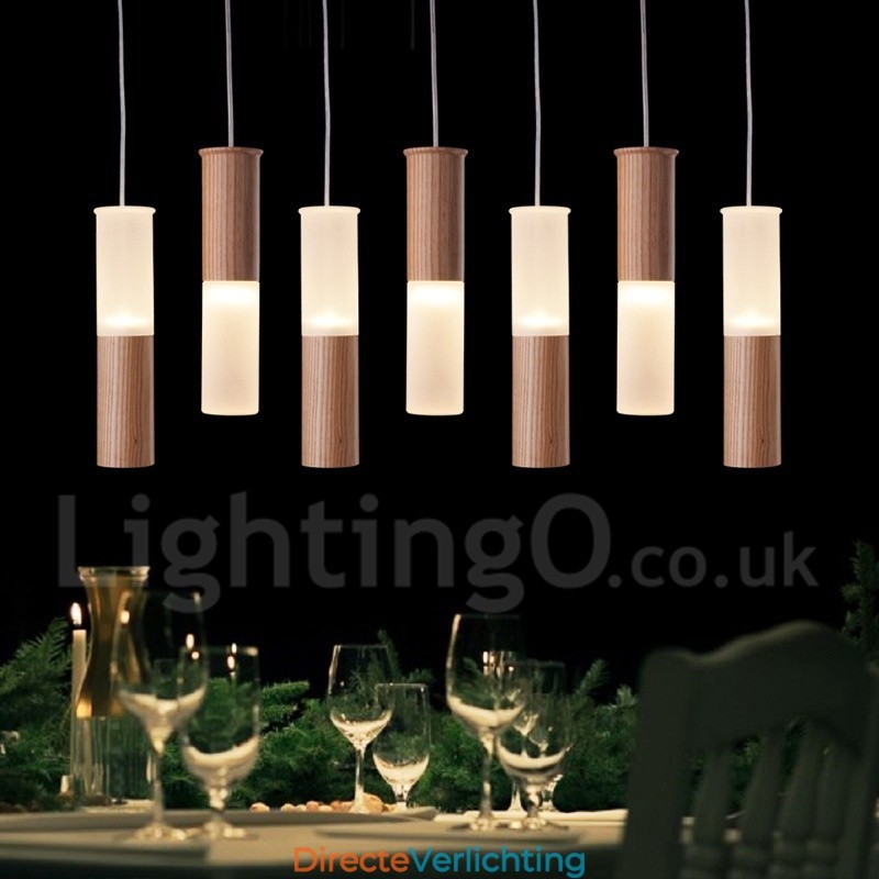 Moderne, eigentijdse 7-lichts houten hanglamp