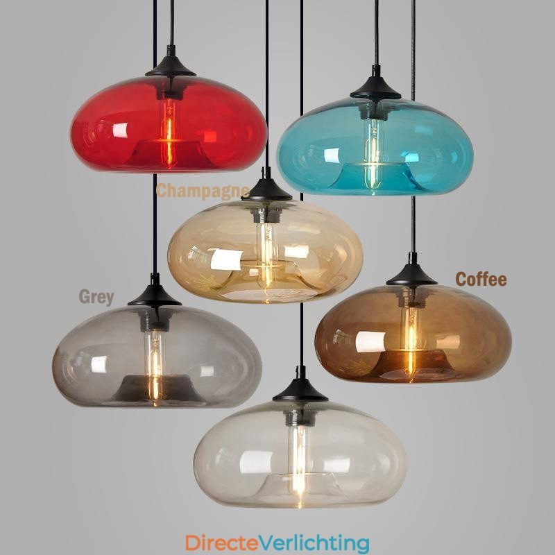 Moderne, eigentijdse, veelkleurige hanglamp met 1 lichtbron van glas