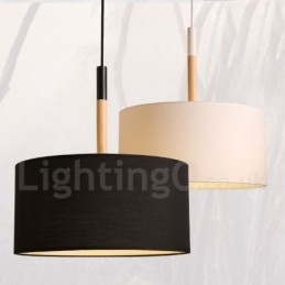 Moderne, eigentijdse houten trommel hanglamp met stoffen kap