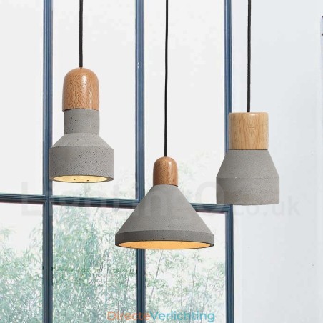 Enkelvoudige moderne, eigentijdse hanglamp van hout en beton Enkelvoudige moderne, eigentijdse hanglamp van hout en beton