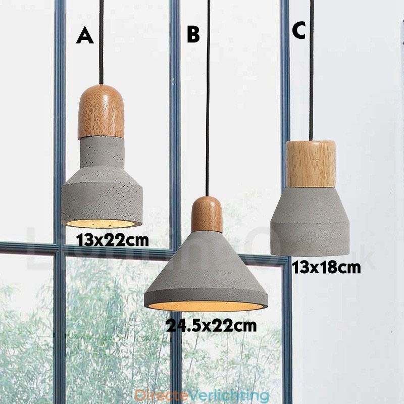 Enkelvoudige moderne, eigentijdse hanglamp van hout en beton