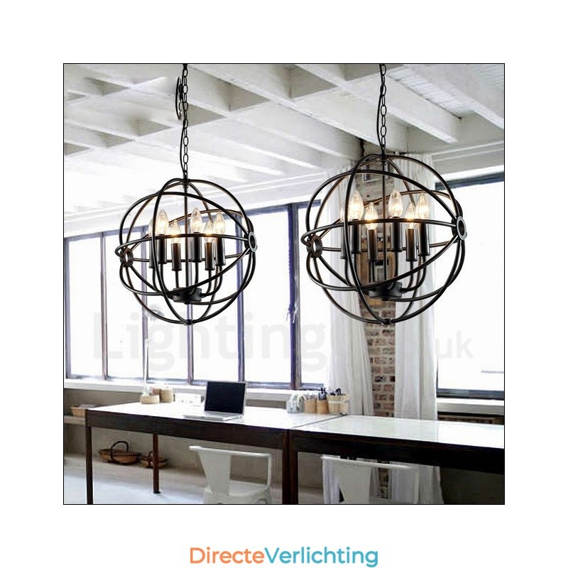 6-lichts metalen bolvormige vintage hanglamp