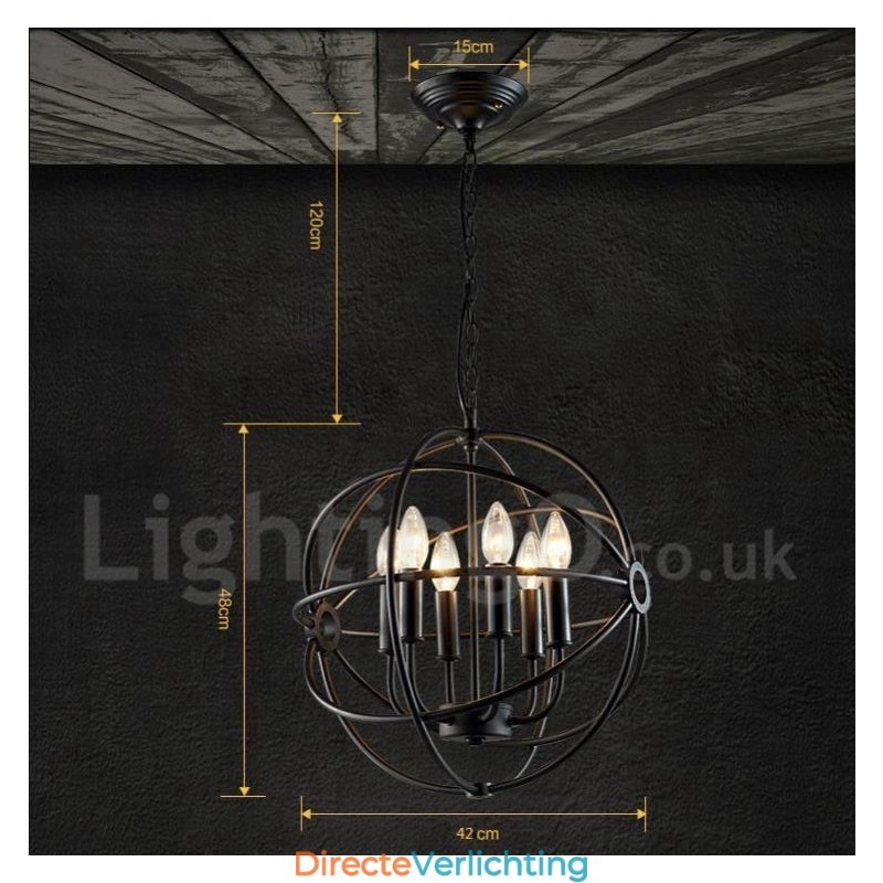 6-lichts metalen bolvormige vintage hanglamp