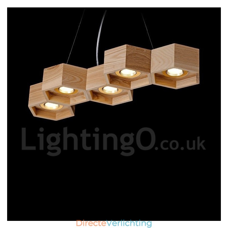 5-lichts houten moderne, eigentijdse hanglamp