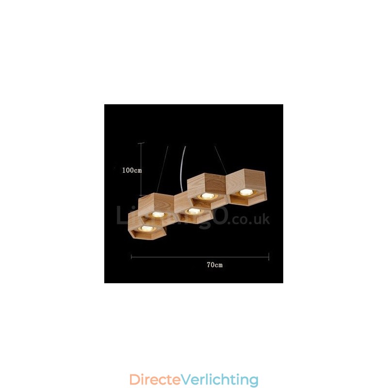 5-lichts houten moderne, eigentijdse hanglamp
