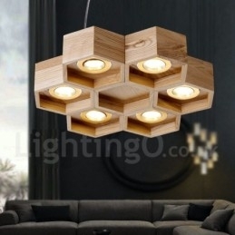 6-lichts houten moderne, eigentijdse hanglamp