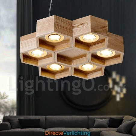 6-lichts houten moderne, eigentijdse hanglamp 6-lichts houten moderne, eigentijdse hanglamp