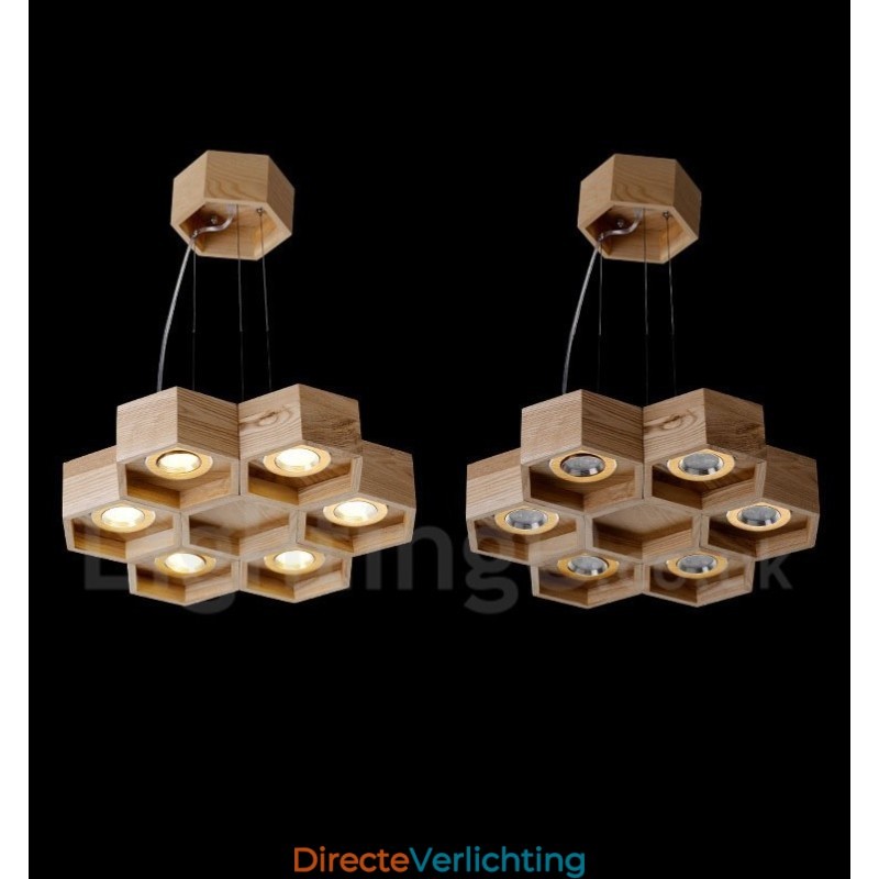 6-lichts houten moderne, eigentijdse hanglamp