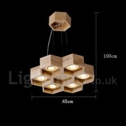 6-lichts houten moderne, eigentijdse hanglamp
