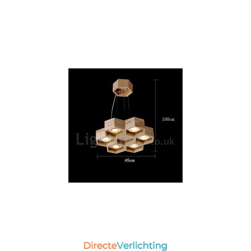 6-lichts houten moderne, eigentijdse hanglamp