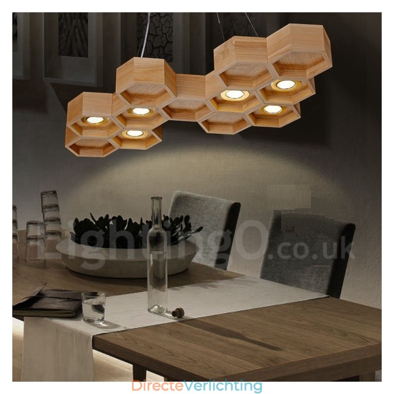6-lichts houten moderne, eigentijdse hanglamp