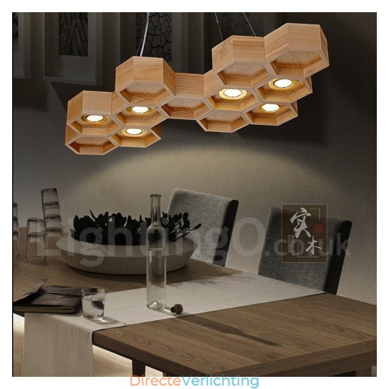 6-lichts houten moderne, eigentijdse hanglamp