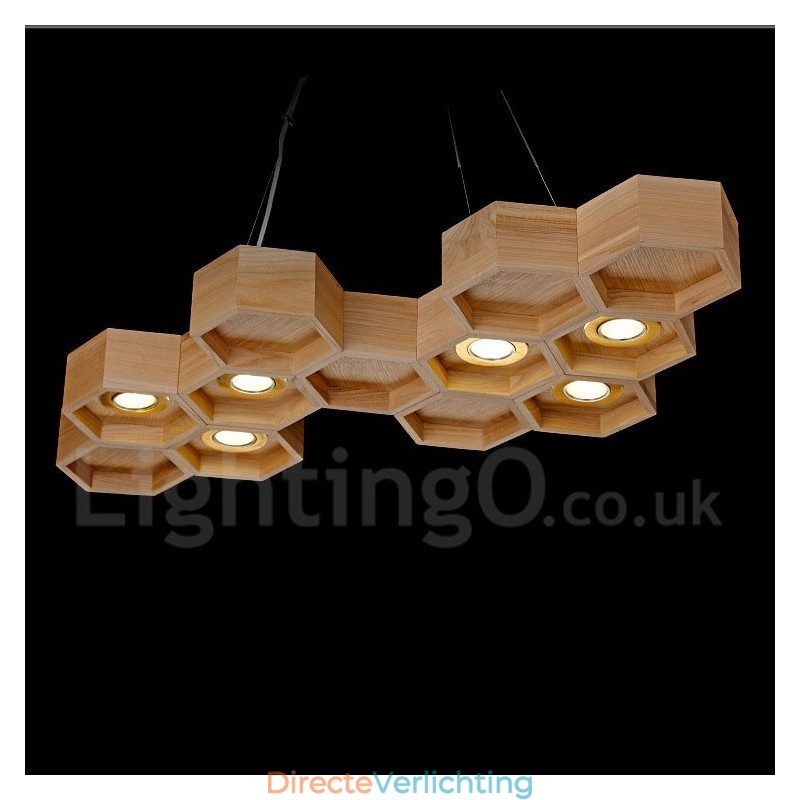 6-lichts houten moderne, eigentijdse hanglamp