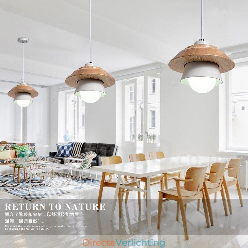 Metalen houten hanglamp met 1 licht