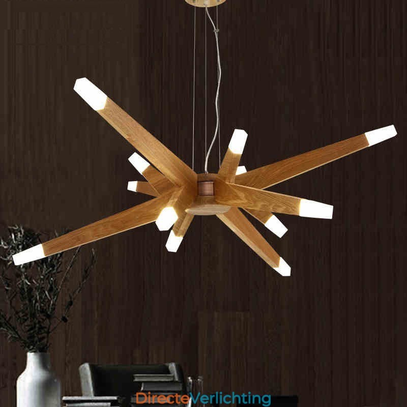 Moderne, eigentijdse houten hanglamp met 12 lampen