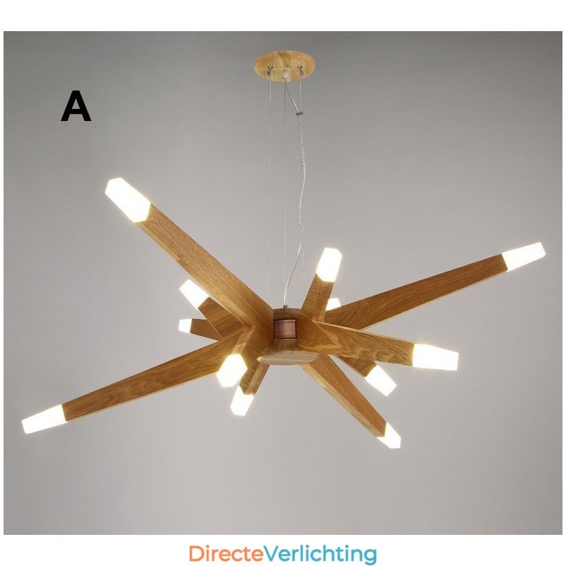 Moderne, eigentijdse houten hanglamp met 12 lampen