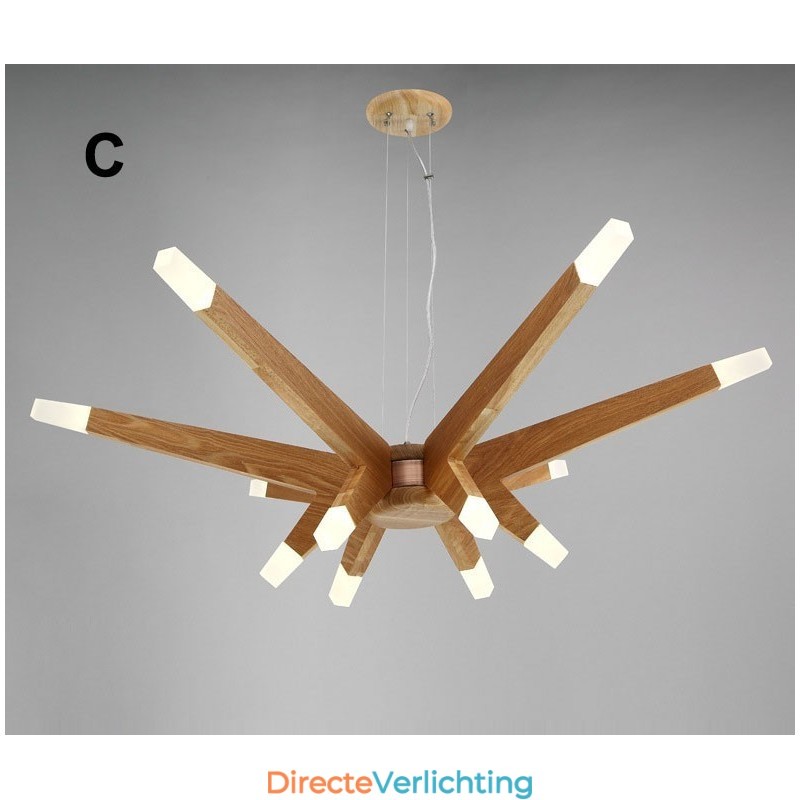 Moderne, eigentijdse houten hanglamp met 12 lampen
