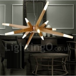 Moderne, eigentijdse houten hanglamp met 12 lampen