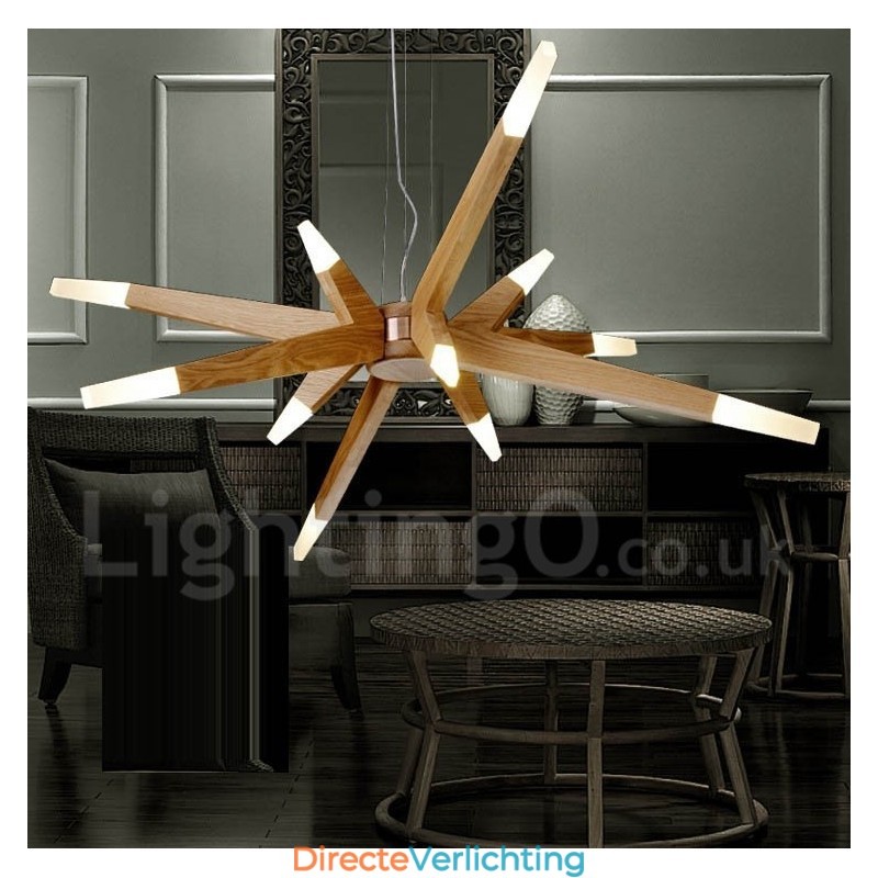 Moderne, eigentijdse houten hanglamp met 12 lampen