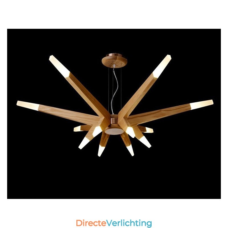 Moderne, eigentijdse houten hanglamp met 12 lampen