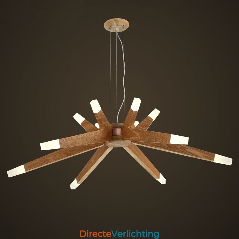 Moderne, eigentijdse houten hanglamp met 12 lampen