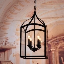 4-lichts zwarte metalen rustieke lodge hanglamp met glazen kap