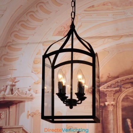 4-lichts zwarte metalen rustieke lodge hanglamp met glazen kap 4-lichts zwarte metalen rustieke lodge hanglamp met glazen kap