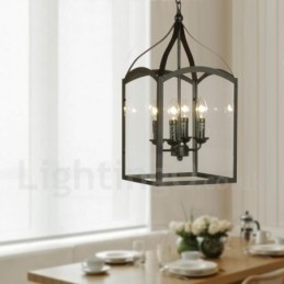 4-lichts zwarte metalen rustieke lodge hanglamp met glazen kap