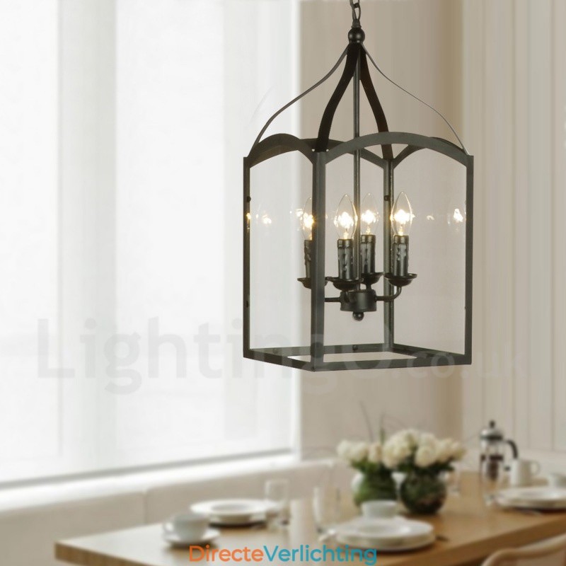 4-lichts zwarte metalen rustieke lodge hanglamp met glazen kap