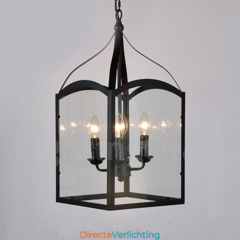 4-lichts zwarte metalen rustieke lodge hanglamp met glazen kap
