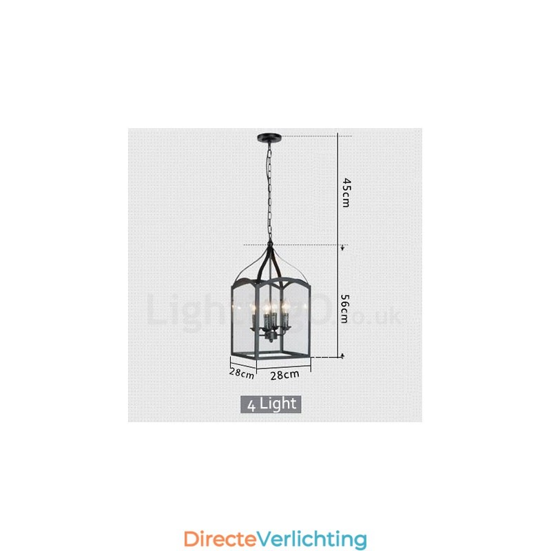 4-lichts zwarte metalen rustieke lodge hanglamp met glazen kap