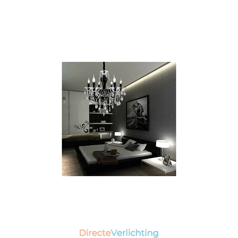 6-lichts kristallen kroonluchter in zwart designaccent