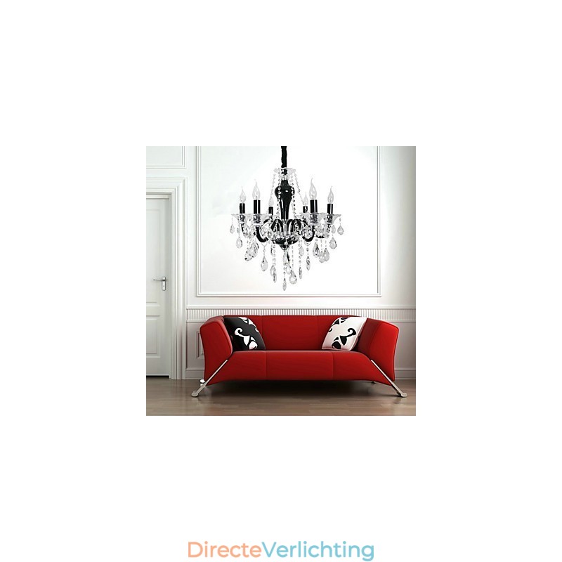 6-lichts kristallen kroonluchter in zwart designaccent