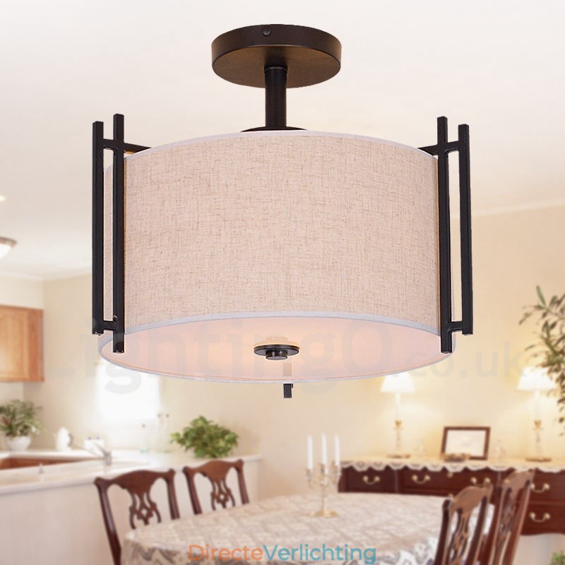 Rustieke Lodge Metalen Trommel Hanglamp met Stoffen Kap
