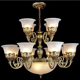 Bronzen kroonluchter vijftien lampen moiré glas Europees retro klassiek