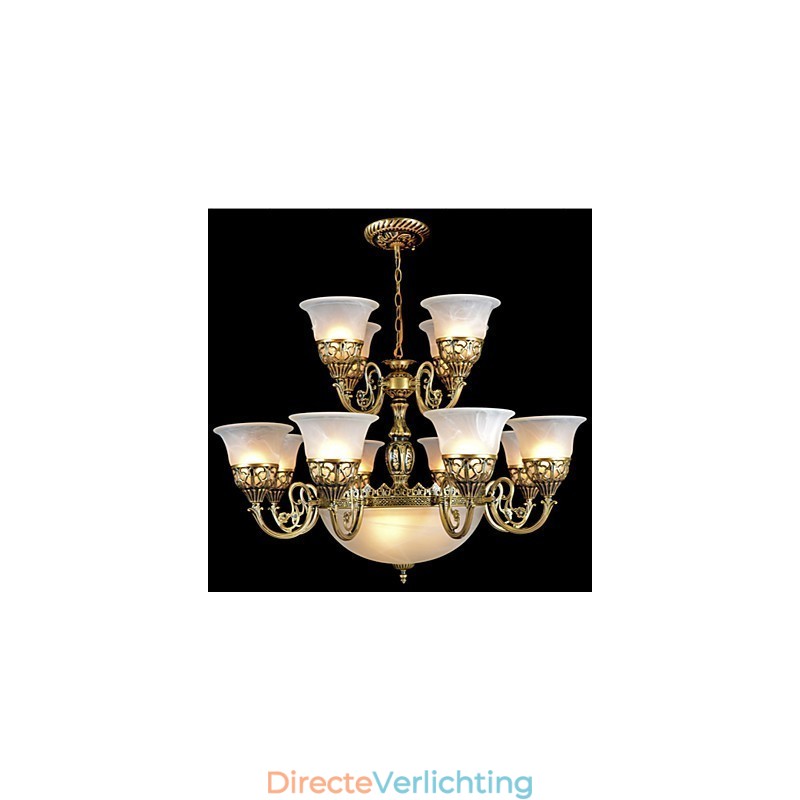 Bronzen kroonluchter vijftien lampen moiré glas Europees retro klassiek
