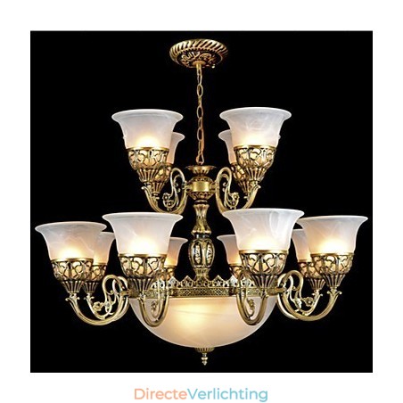 Bronzen kroonluchter vijftien lampen moiré glas Europees retro klassiek Bronzen kroonluchter vijftien lampen moiré glas Europees retro klassiek
